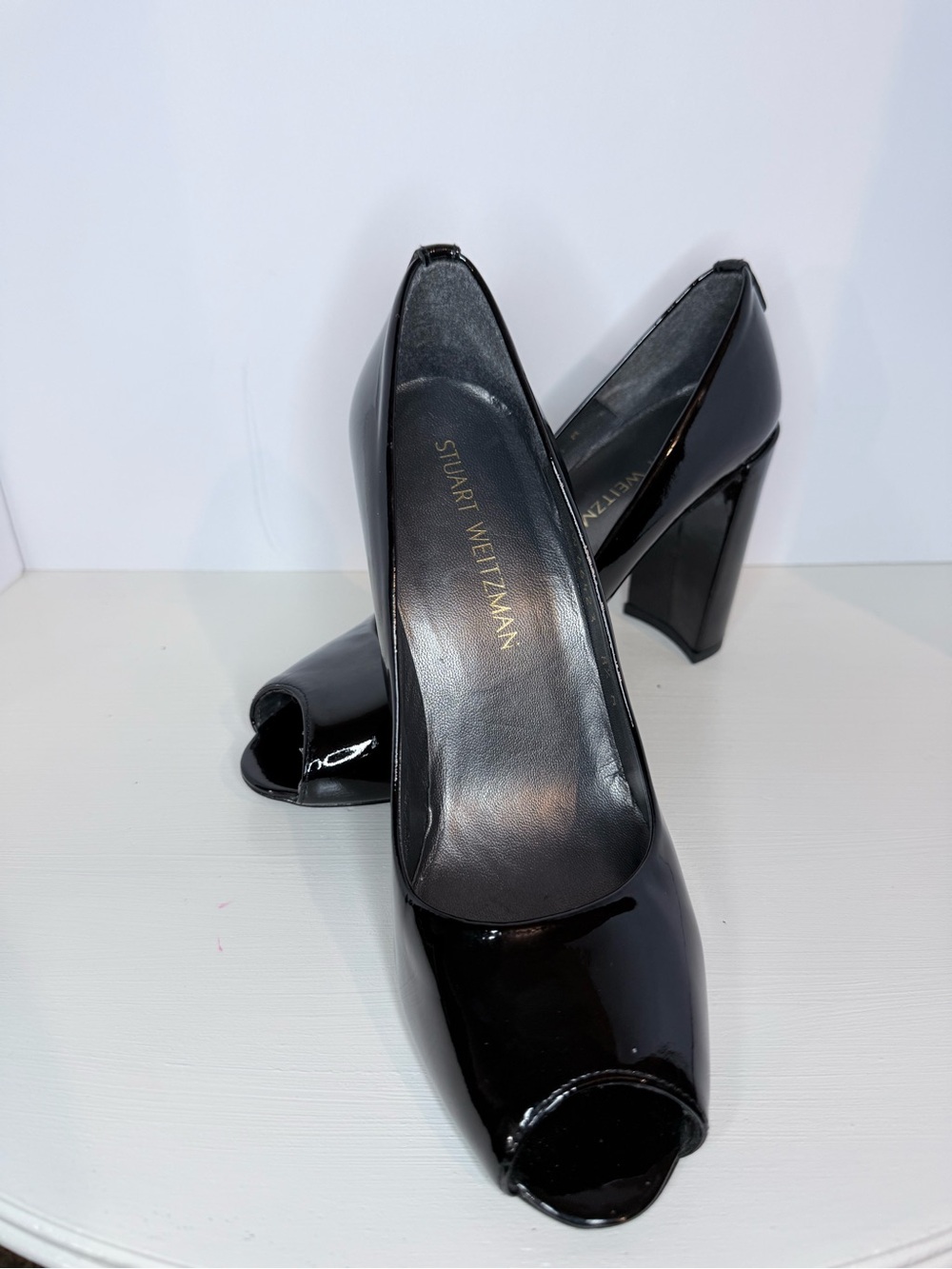 Stuart Weitzman Black Patent Leather Peep-Toe Block Heels Size 8.5